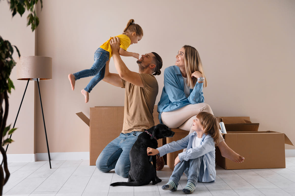 Happy Family With Dog Moving New Home